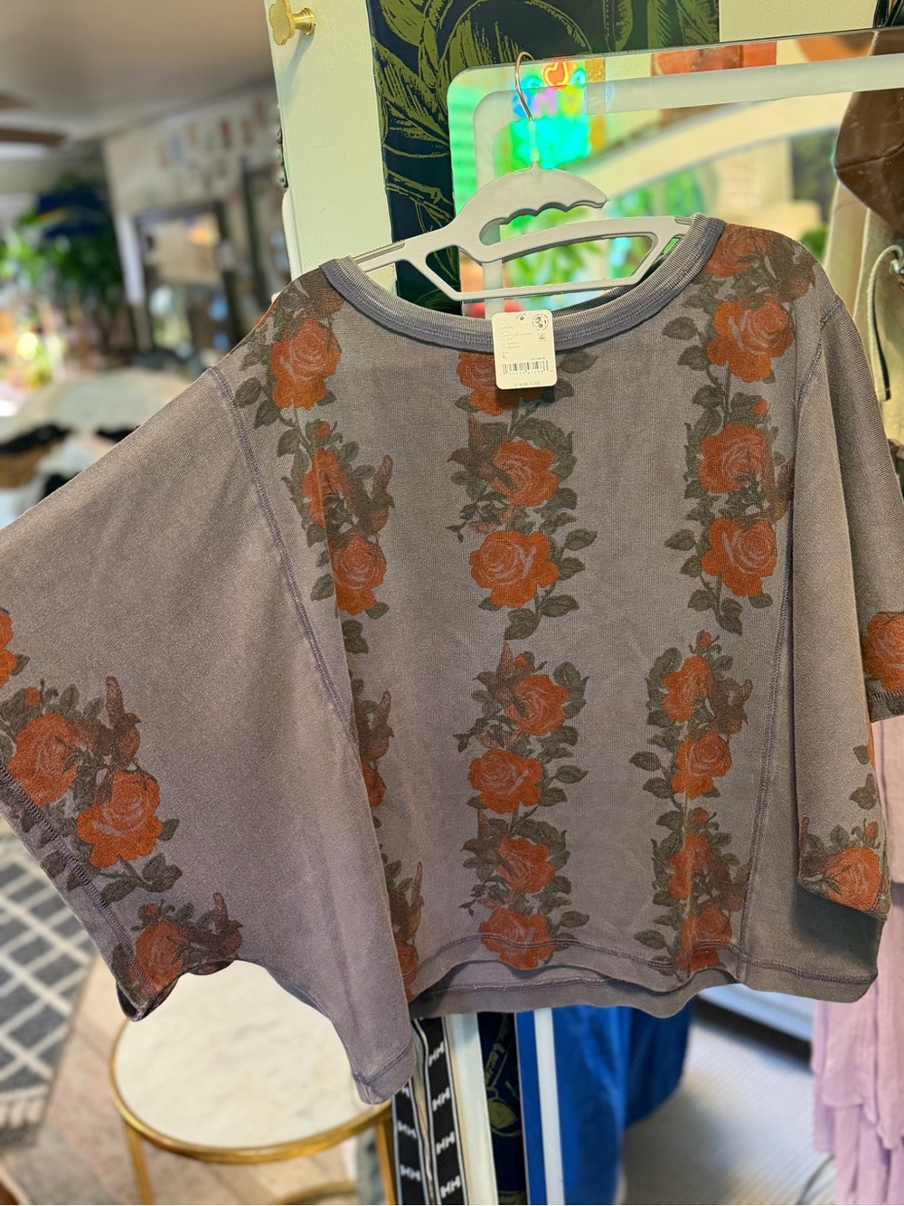 Free People Gray Tee with Rust Rose Print